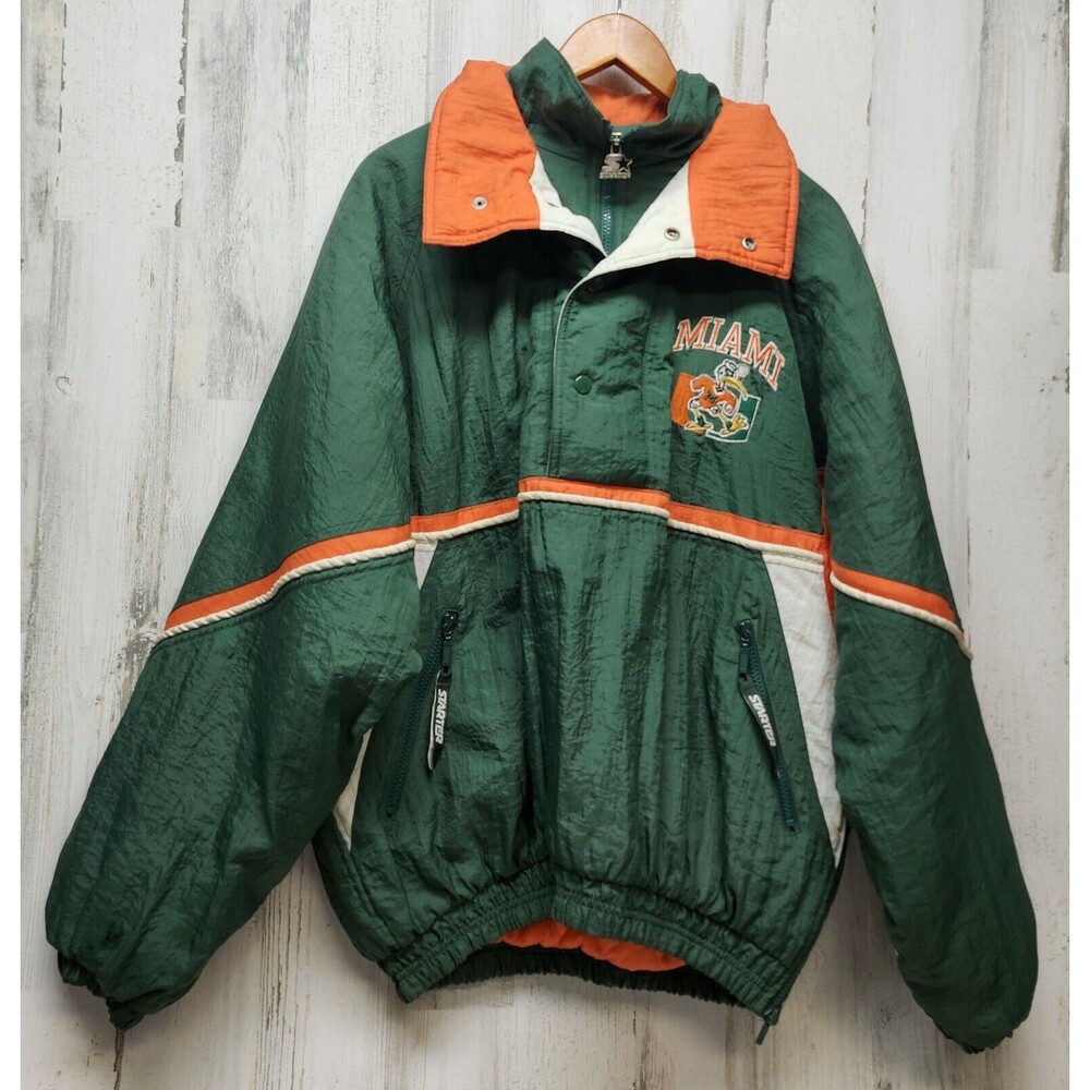 University Of Miami Hurricanes Starter Pullover Jacket M Green Hooded VTG 90s